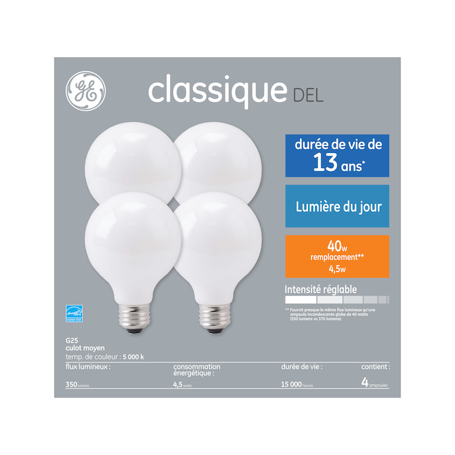 Ampoules classiques DEL décoratives G25 globe de remplacement de 40 W par GE, lumière du jour (paquet de 4)