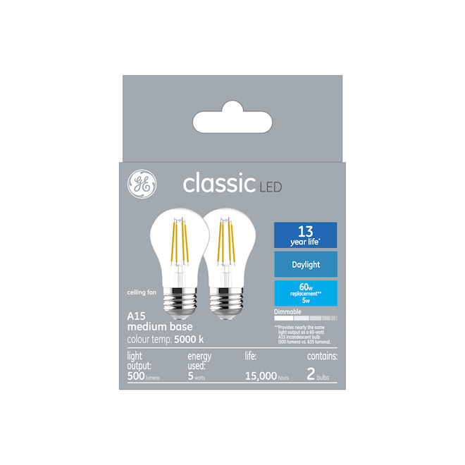 Ge Classic Daylight 60 W Replacement Led Clear Ceiling Fan Medium Base A15 Light Bulbs 2 Pack 93128991 Rona - Ceiling Fan Light Bulbs Led Daylight