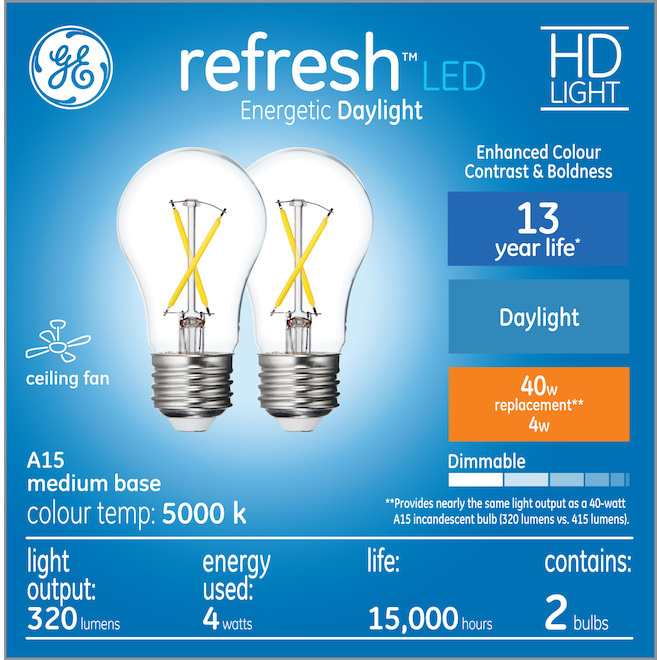 Ge Refresh Hd Daylight 40w Replacement Led Clear Ceiling Fan A15 Light Bulbs 2 Pack 93128875 Rona - How To Replace Led Ceiling Fan Light Bulb