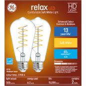 GE Relax HD Soft White 60W Replacement LED Spiral Filament Clear Decorative ST19 Light Bulbs (2-Pack)