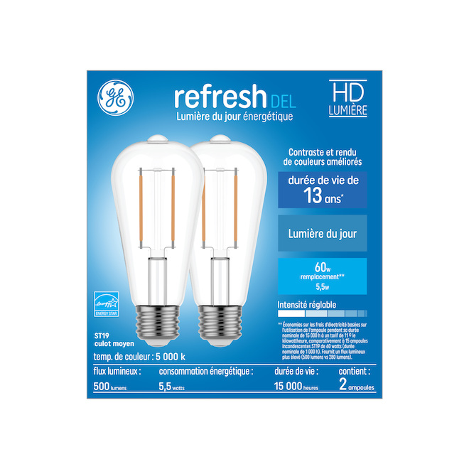 Ampoules de remplacement DEL lumière du jour HD REFRESH de GE ST19 de 60 W, transparentes, décoratives (paquet de 2)