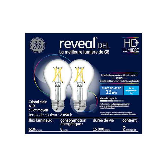 Ampoules de remplacement DEL HD REVEAL de GE A19 de 60 W, cristal transparent, usage général (2/pqt)