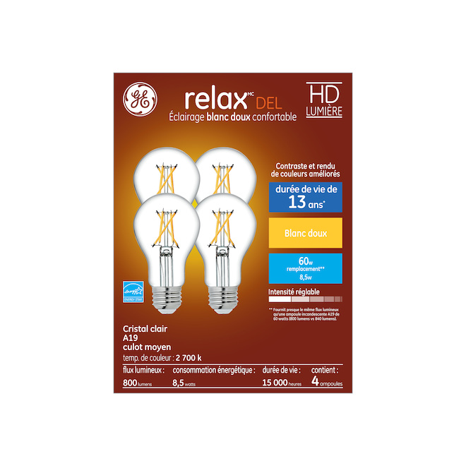 Ampoules de remplacement DEL blanc doux HD RELAX GE A19 60 W cristal transparent, éclairage d'intérieur courant (4/pqt)