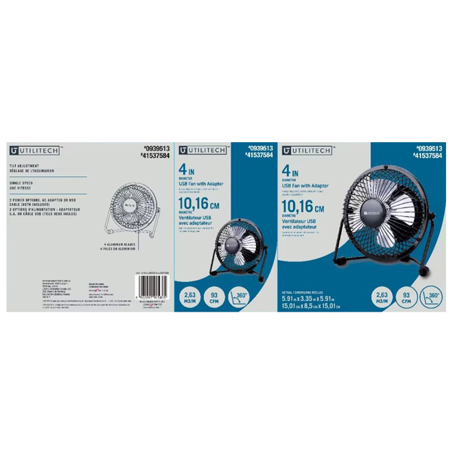 Utilitech Black Metal 4-in 1-Speed Fan with USB Adapter
