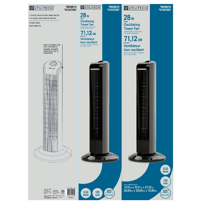 Utilitech Black Plastic 28-In 3-Speed Oscillating Tower Fan