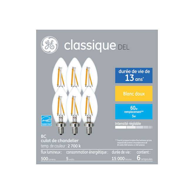 Ampoules DEL BC de GE à culot de type candélabre, 60 W, blanc doux, paquet de 6