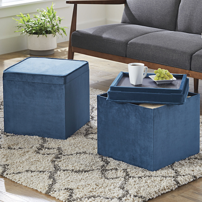 Blue Velvet Style Square Ottoman with Tray - 16-in
