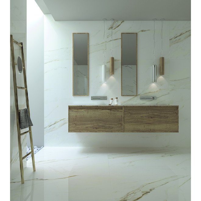 Faber 12-in x 24-in x 9-mm White and Gold Polished Carrara Porcelain Tiles - 8/box