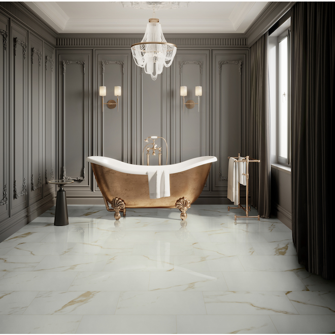 Faber 12-in x 24-in x 9-mm White and Gold Polished Carrara Porcelain Tiles - 8/box