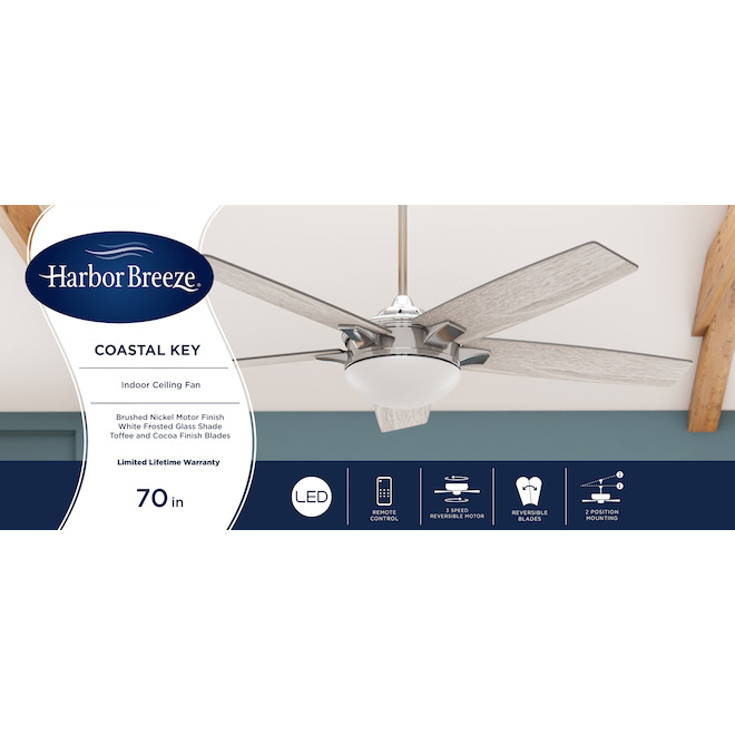 Harbor Breeze Coastal Key 70-in Brushed Nickel LED Remote-Controlled Ceiling Fan - 5-Blade