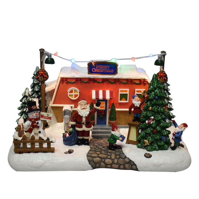 Village de Noël, caravane, feu de joie et petit train en mouvement, h 16  cm, musique de Noël