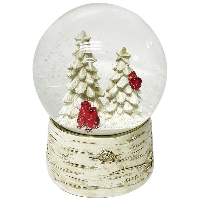 Celebrations by L&CO Musical Snow Globe with White Trees, Cardinals and Faux Birch Base - 5.5-in