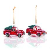 Ornements, camions rouges, 5", verre, 2/pqt