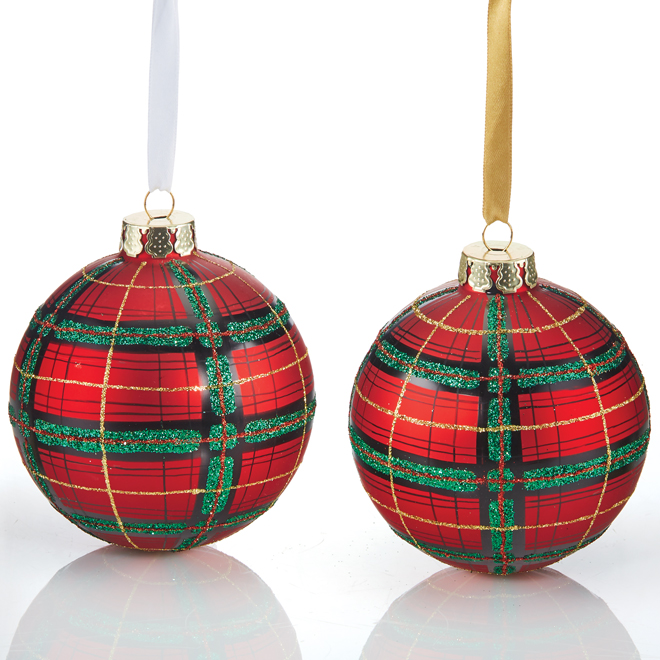 Holiday Living Christmas Glass Balls Hand Painted Red and Green - Set of 2