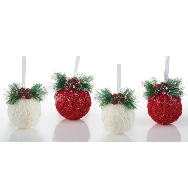 Holiday Living Set of 4 Christmas Knitted Ornaments White and Red