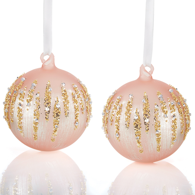 Ensemble de 2 boules de Noël Holiday Living en verre rose et or