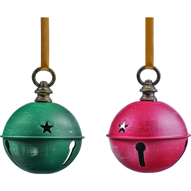 Holiday 100-mm Living Green/Red Metal Bell Ornaments - 2/pk