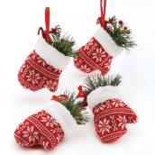 Mitten Ornaments - 4.2" x 6.5" - Fabric - White/Red - 4-Pack