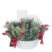 Holiday Living Christmas Floral Centerpiece With Candle Holder - 14-in - Green and Red