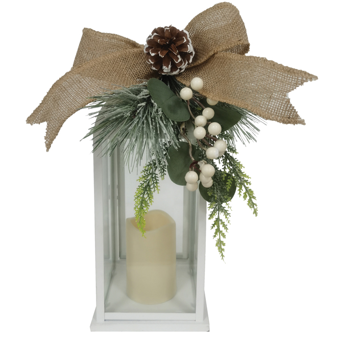 Holiday Living Christmas Lantern White Metal and Beige Ribbon 15.25-in