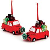 Ornements, voiture avec cadeaux, 3", plastique, rouge/vert