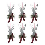 Holiday Living Christmas Tree Ornaments - Stag Head - 6.25-in - Metal - Silver/Red - Set of 6
