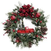 Couronne Holiday Living avec camion rétro, DEL, 30 po, PVC/pommes de pin, vert/rouge