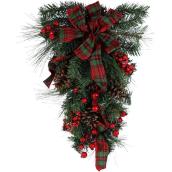 Holiday Living Lighted Teardrop Wreath - LED - 24-in - PVC/Pinecones - Red/Green