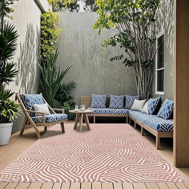 VALU+ Outdoor Rug in Waterproof Polypropylene 6 x 9-ft - White and Pink