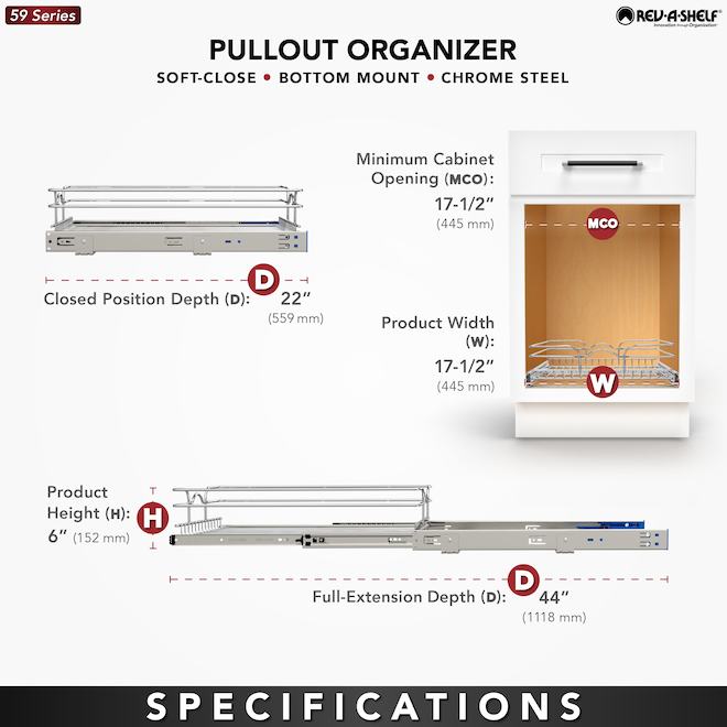 Rev-A-Shelf Wire Pull-Out Organizer with Soft-Close Slides - 6 x 17.5-in