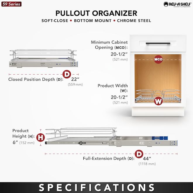 Rev-A-Shelf Wire Pull-Out Organizer with Soft-Close Slides - 6 x 20.5-in