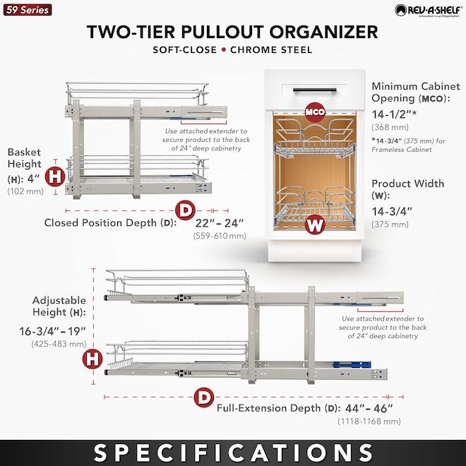 Rev-A-Shelf Two-Tier Pull-Out Organizer with Soft-Close Slides - 14.75 x 19 x 22-in