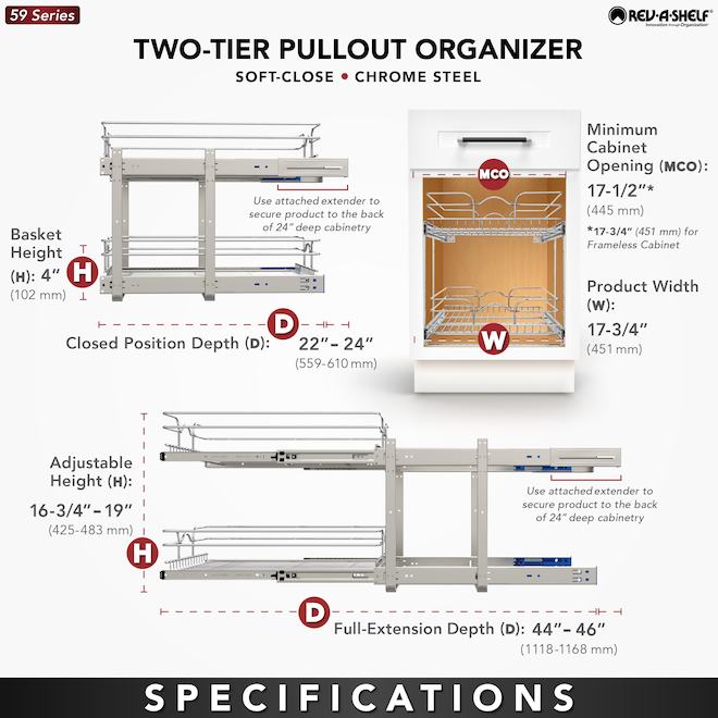 Rev-A-Shelf Two-Tier Pull-Out Organizer with Soft-Close Slides - 17.75 x 19 x 22-in