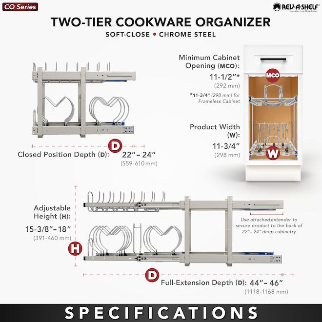 Rev-A-Shelf 2-Level Sliding Cookware Organizer - 11.75 x 18.12-in