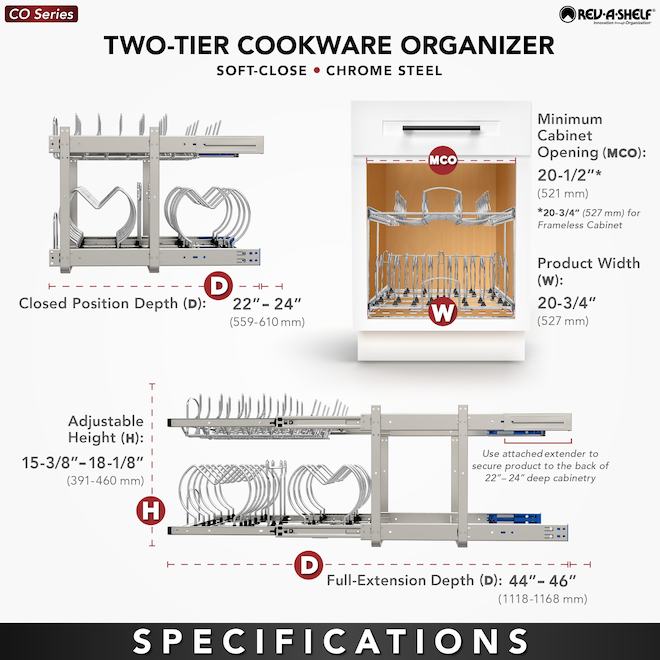 Rev-A-Shelf 2-Level Sliding Cookware Organizer - 20.75 x 18.12-in