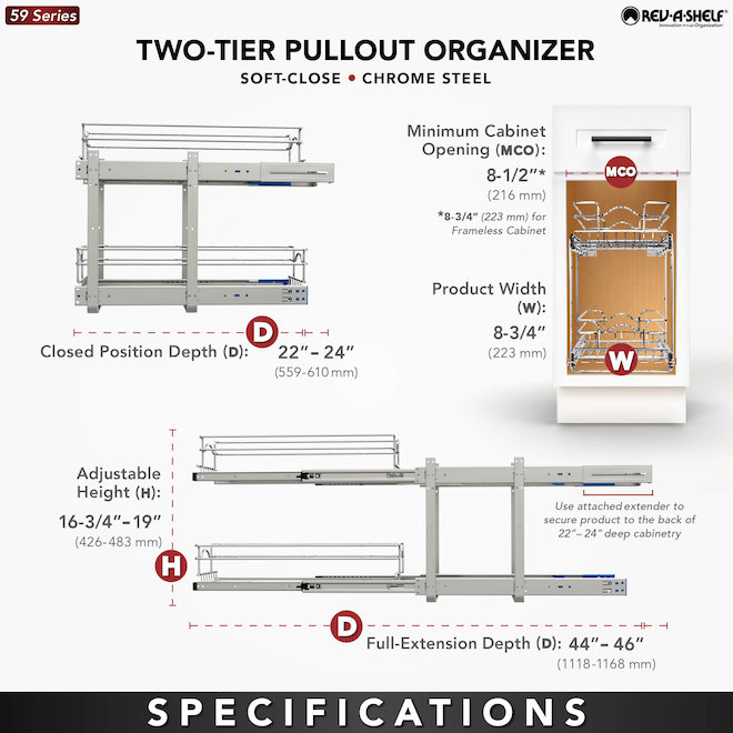 Rev-A-Shelf Two-Tier Pull-Out Organizer with Soft-Close Slides - 8.75 x 19 x 22-in