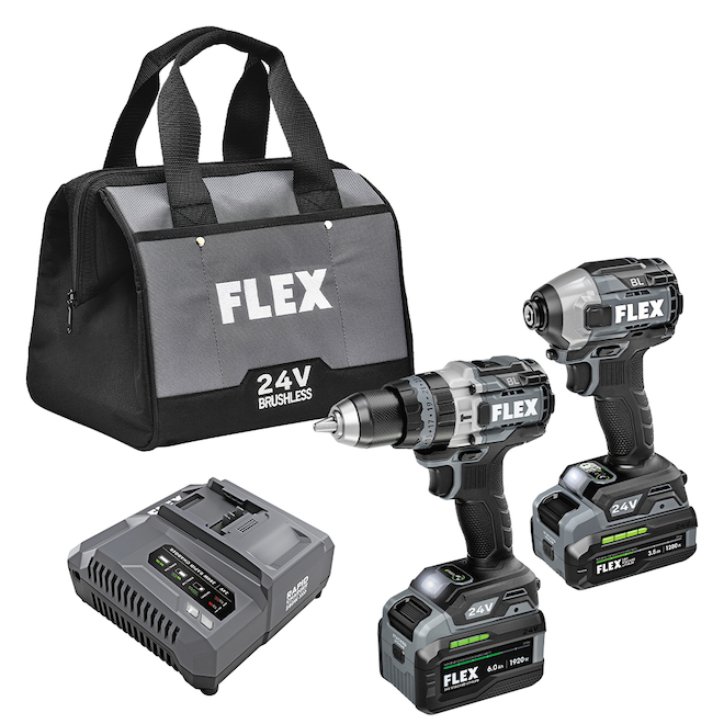 FLEX Set of Hammer Drill Driver and Impact Driver - Includes (2) 24V  Stacked Lithium Batteries and (1) Charger FXM202-2G