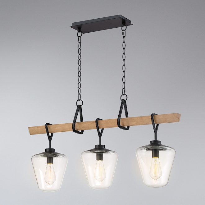 Eurofase 3-Light 8.3-in x 19.9-in Black Metal/Wood/Glass Rustic Style Linear Pendant