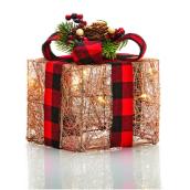 Fusion Products - Illuminated White Presents with Plaid Bow - 6-in - 10 Warm White LED - Battery Operated