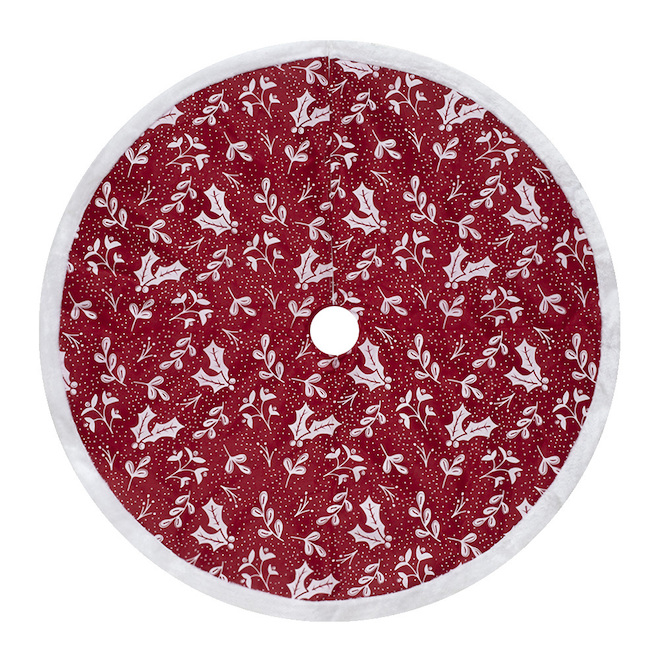 Holiday Living 48-in Red Faux Linen Tree Skirt with Holly Patterns