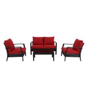 Ensemble de mobilier extérieur Addison de 4 pièces par allen + roth avec cadre en métal noir et coussins rouges