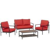 allen + roth Bellemore Black Metal Frame Patio Conversation Set Red Olefin Cushions Included 4-Piece