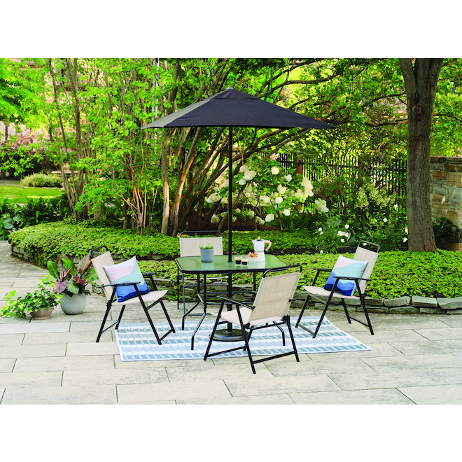 Style Selections Soriano 6-Piece 38 x 38-in  Steel Outdoor Dining Set with Umbrella, beige