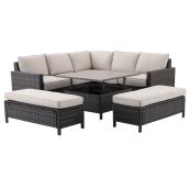 Landon & Co. Sectional with Table in Brown Wicker and Beige Cushions - 5-Piece