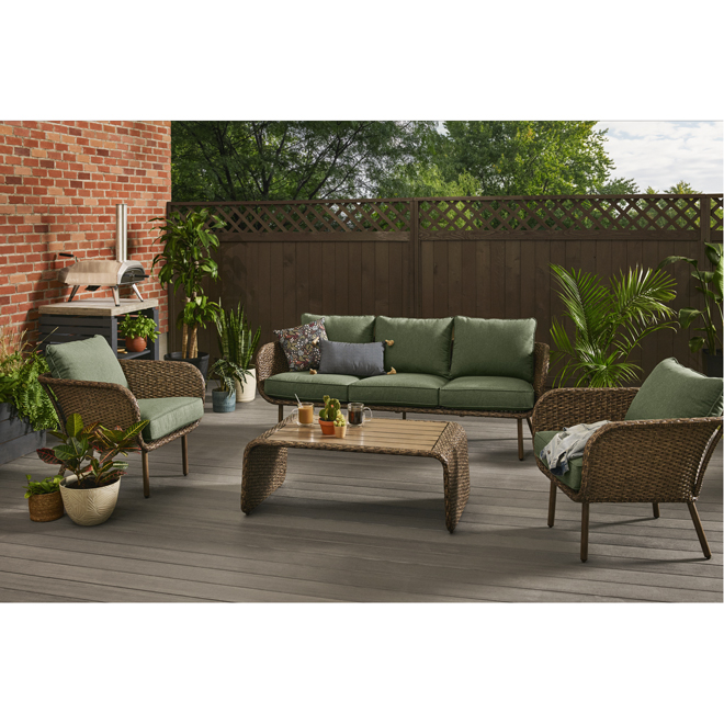 Landon & Co. Conversation Set with Table in Brown Wicker with Green Cushions - 4-Piece