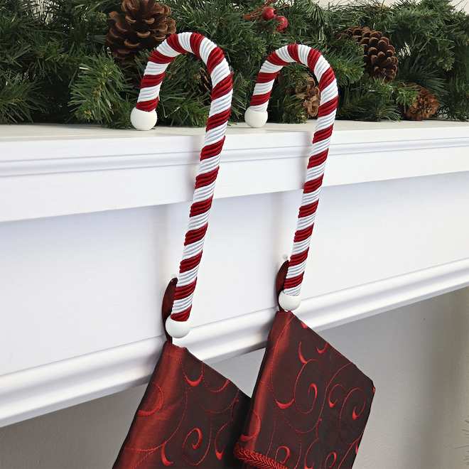Haute Decor Candy Cane Stocking Holders - Rope/Metal - 9-in - Red/White - Pack of 2