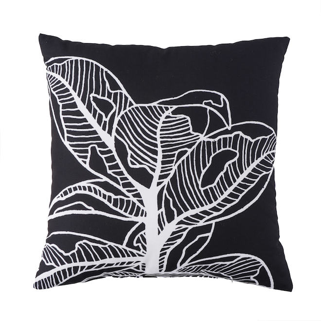 Coussin décoratif d'extérieur Bazik 16 x 16 po en polyester recyclé blanc et noir à motif de feuilles