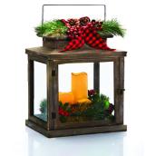Lanterne avec 3 chandelles à piles, DEL, 13,5 po x 18 po, bois, rouge/vert/brun
