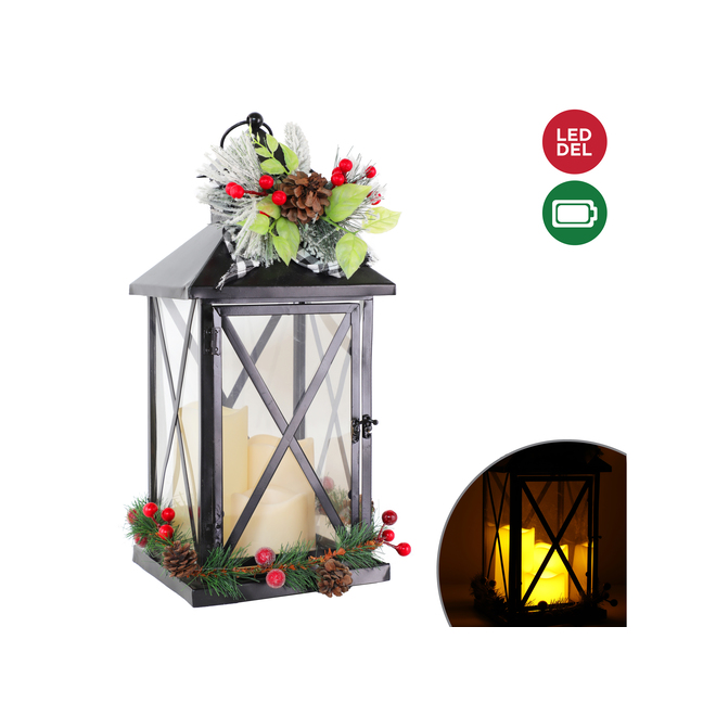 HOLIDAY Hanging Lantern with 3 Battery-Operated Candles - LED - 9.45-in x 18-in - Metal - Black ...