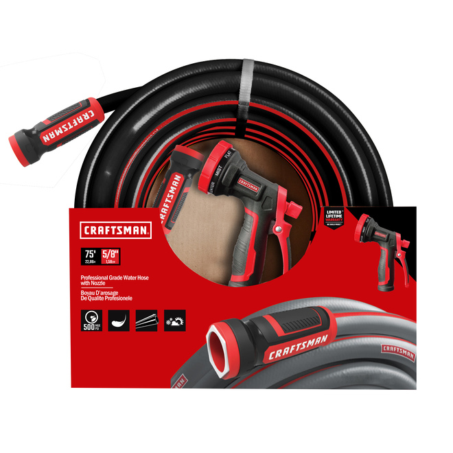 CRAFTSMAN Garden Hose with Nozzle - 75-ft x 5/8-in - PVC/Resin - Black and Red